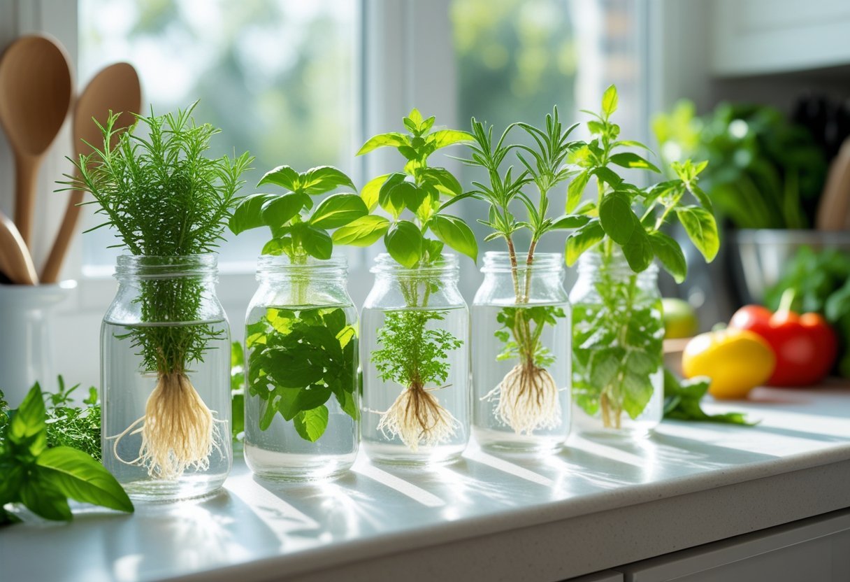 Glass jars on a kitchen windowsill with green herb cuttings growing roots in water, bathed in sunlight.