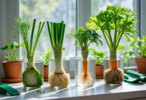 Glass jars on a sunny windowsill with vegetable scraps like green onions and lettuce regrowing roots and shoots, surrounded by small potted plants and gardening tools.