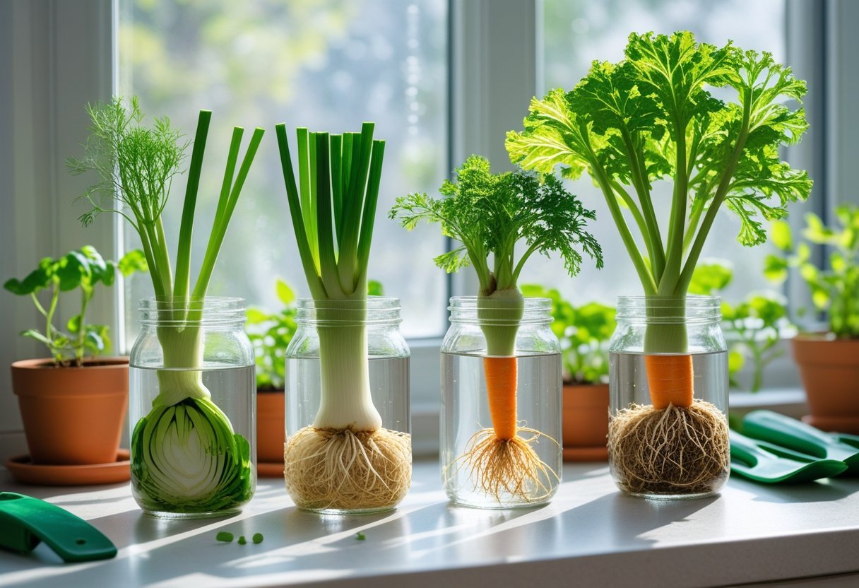 Glass jars on a sunny windowsill with vegetable scraps like green onions and lettuce regrowing roots and shoots, surrounded by small potted plants and gardening tools.