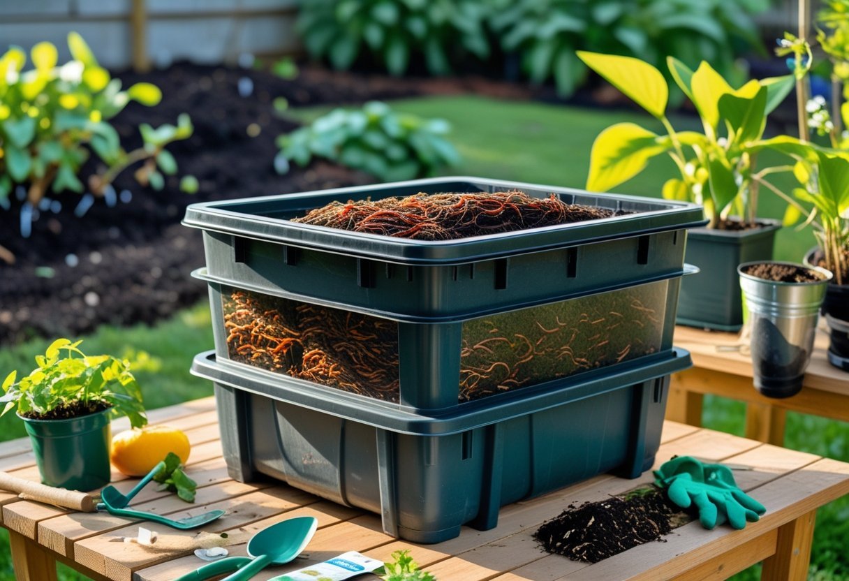 A worm bin with visible red worms composting food scraps on a wooden table surrounded by gardening tools and green plants in a garden setting.
