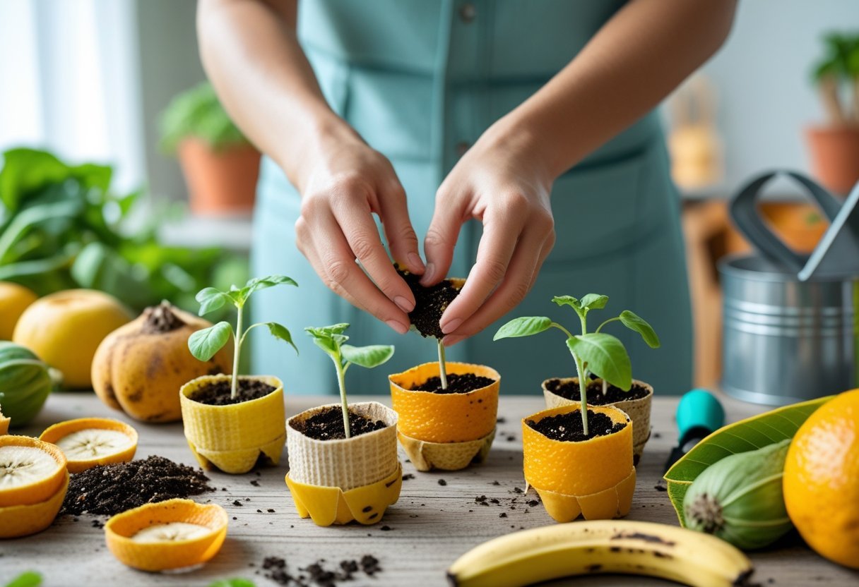 Hands planting seedlings into small pots made from overripe fruit peels on a wooden table with gardening tools nearby.