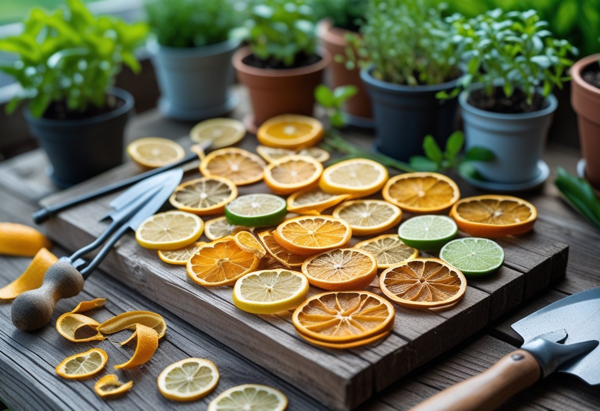 Dried citrus peels on a wooden table next to gardening tools and potted plants.