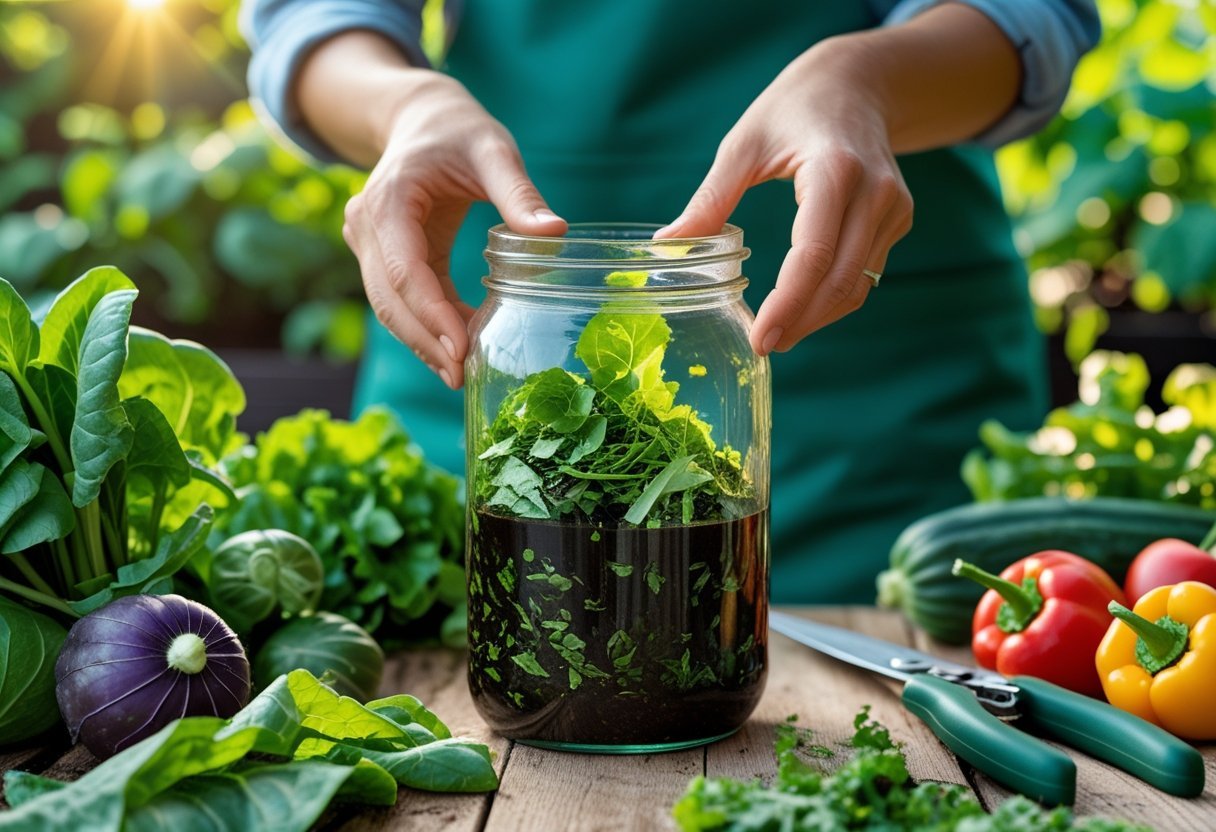 Hands blending wilted leafy greens into a jar of compost tea on a wooden table with gardening tools and plants in the background.