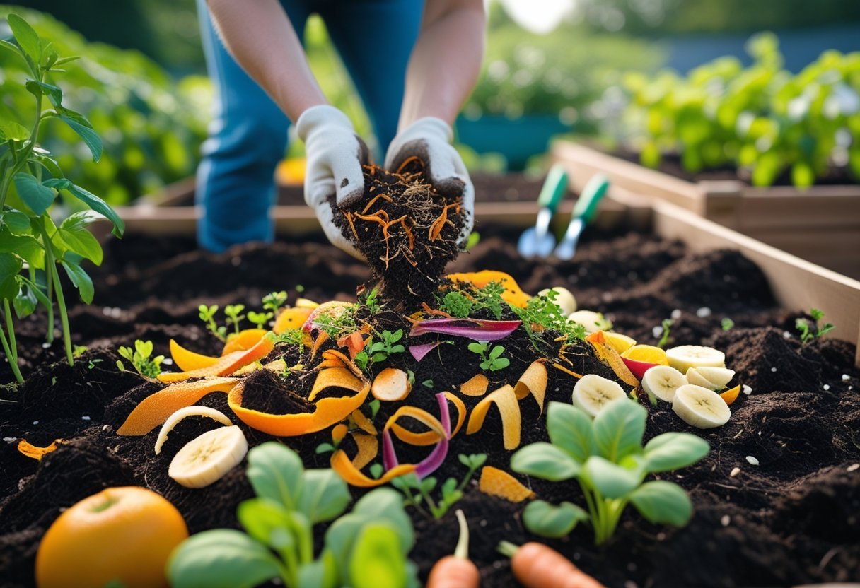 Hands spreading fruit and vegetable peels as mulch over soil in a garden bed with healthy plants around.