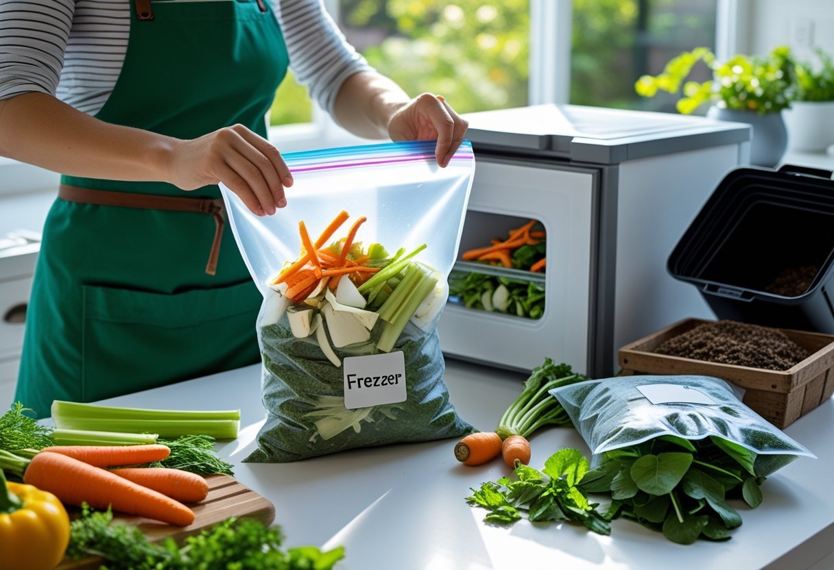 Person placing vegetable scraps into a freezer bag in a kitchen with a freezer open, showing frozen food scraps inside, surrounded by fresh vegetables and gardening tools.