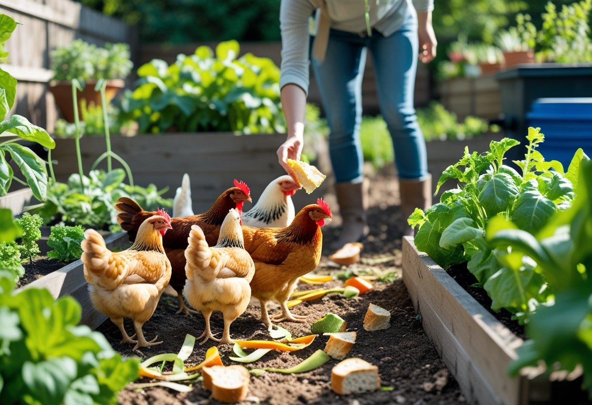 A person feeding vegetable scraps to backyard chickens in a garden with green plants and compost bins.