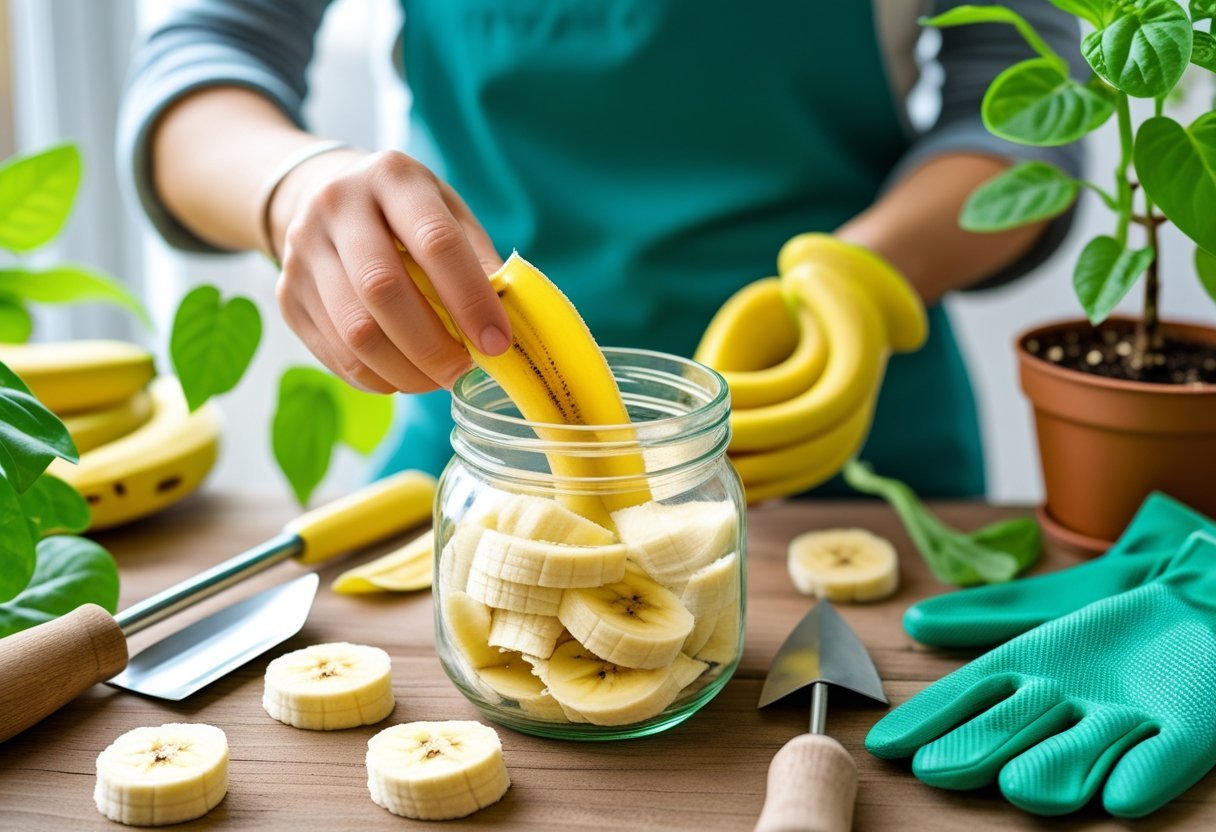 Hands preparing DIY fertilizer from banana peels with gardening tools and a potted plant on a wooden table.