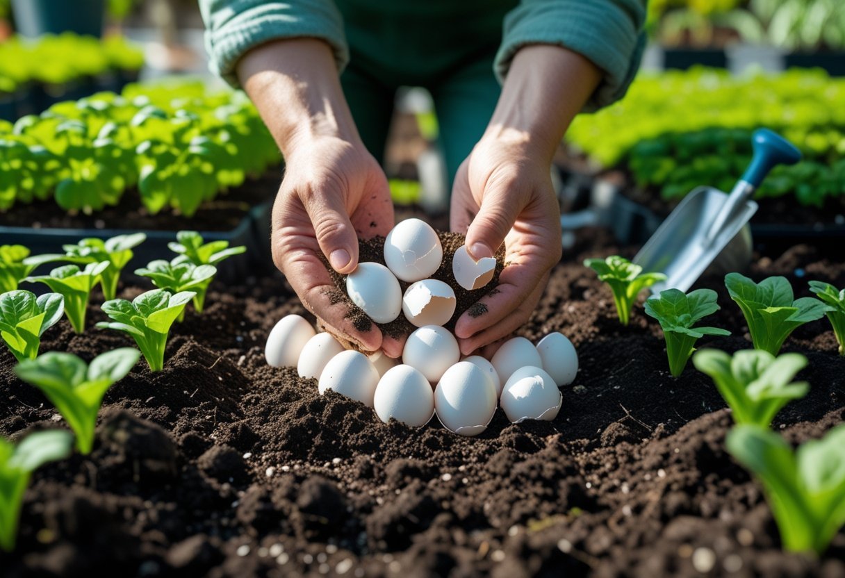 Hands crushing eggshells over garden soil with green plants and gardening tools nearby.