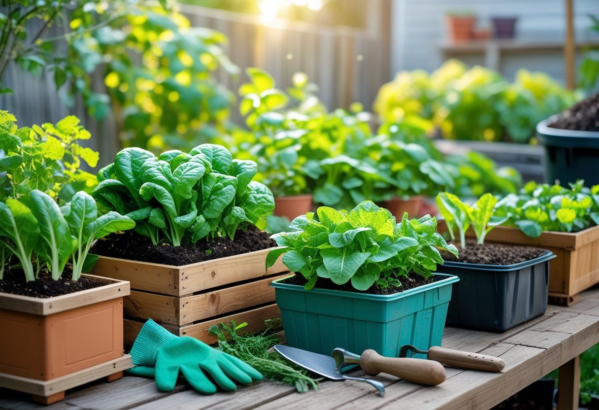 Various vegetable plants growing in containers filled with dark composted soil, with gardening tools nearby and a compost bin in the background.