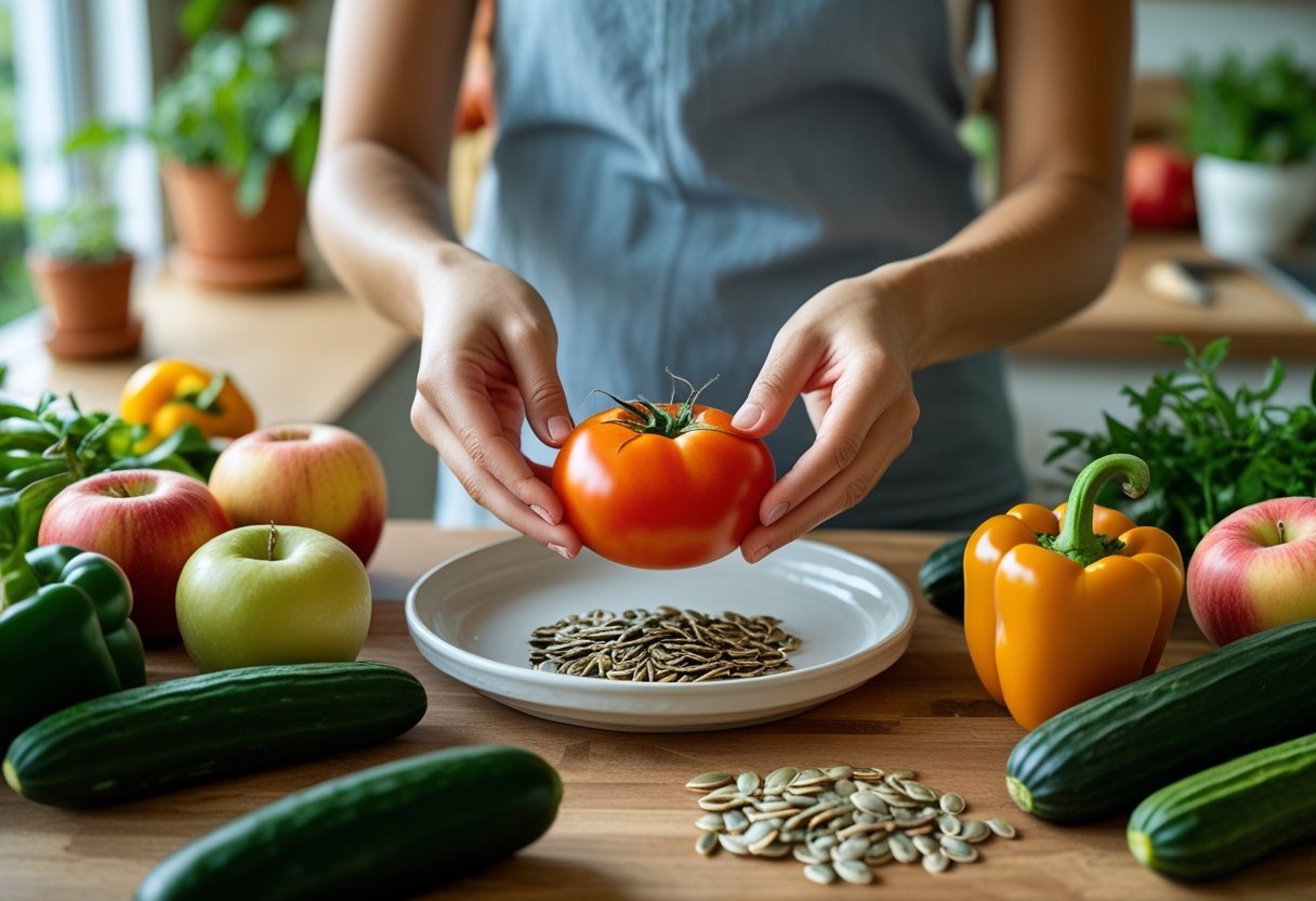 Hands saving seeds from a tomato on a kitchen countertop with fresh fruits and vegetables nearby and potted plants in the background.