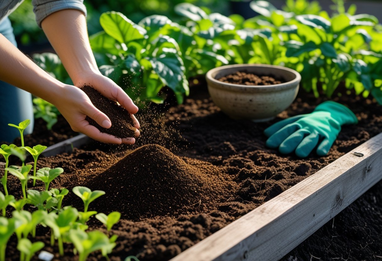 Hands sprinkling used coffee grounds onto soil in a garden with green plants and gardening tools nearby.