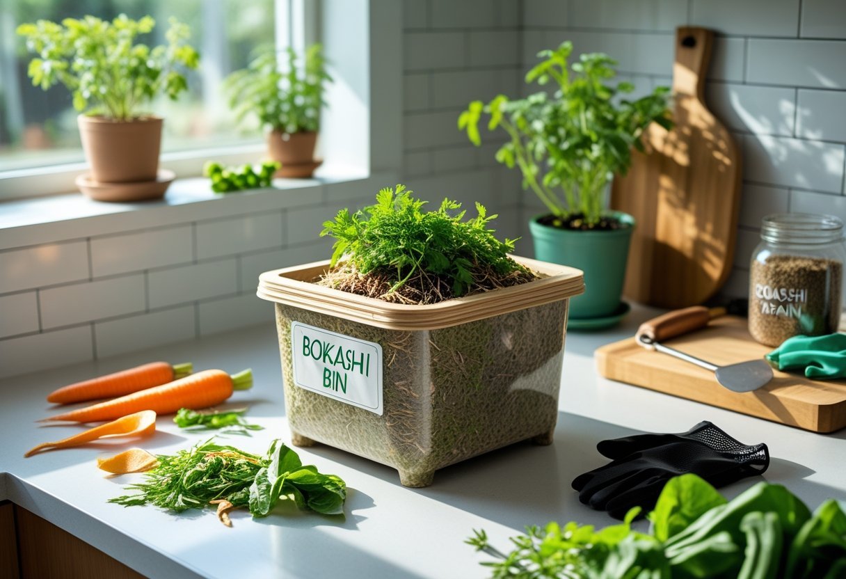A small bokashi bin on a kitchen countertop with vegetable scraps and gardening tools nearby, next to a potted herb plant and a window letting in natural light.