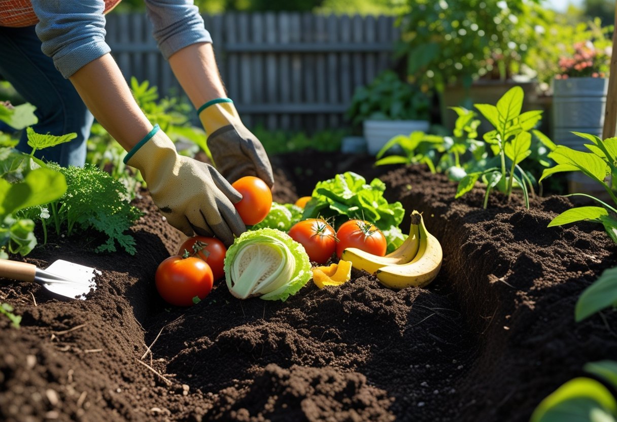 Hands placing spoiled fruits and vegetables into a trench in a garden for composting.