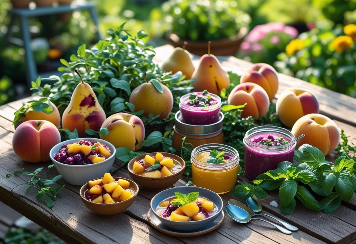 Bruised fruits and fresh herbs arranged on a wooden garden table with bowls of homemade fruit recipes, set against a background of green plants and flowers.