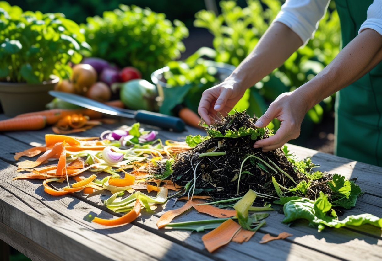 Hands arranging dried vegetable scraps on a wooden table with garden plants and tools in the background.