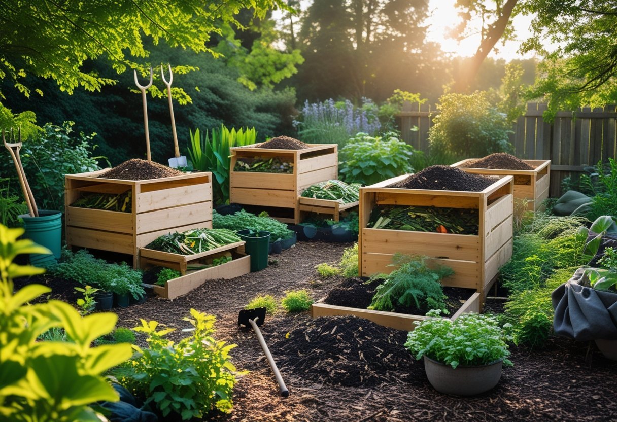 An outdoor organic composting area with wooden compost bins, decomposing organic waste, green plants, and gardening tools under natural sunlight.