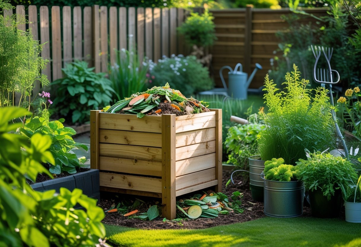 Backyard garden with a wooden compost bin filled with organic materials surrounded by plants and gardening tools.