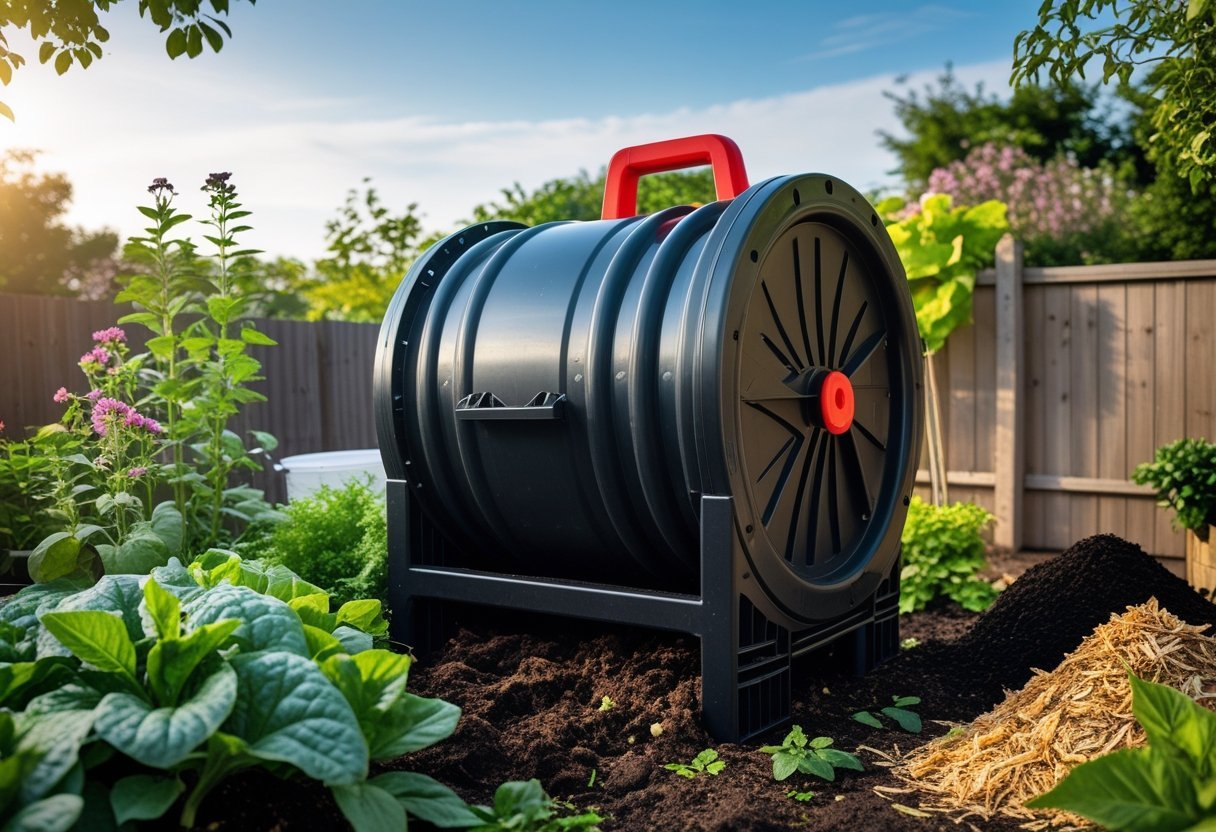 A compost tumbler in a garden surrounded by plants and organic waste materials ready for composting.