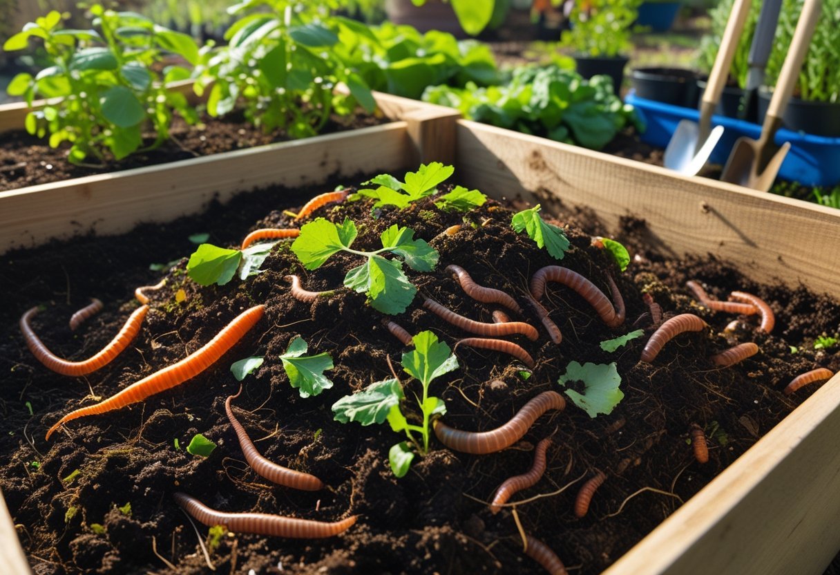 A worm composting bin with red worms and decomposing vegetable scraps in an organic garden setting.