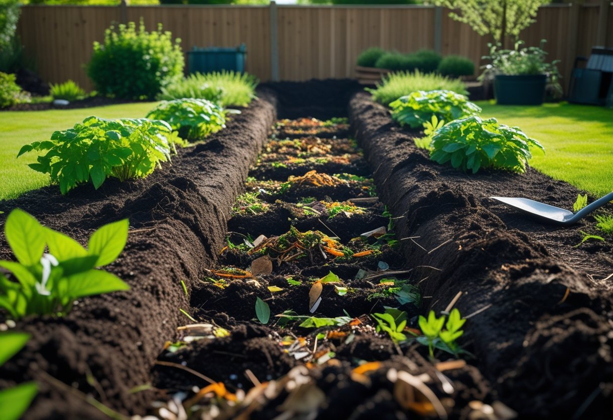 A garden trench filled with layers of organic compost materials surrounded by green plants and gardening tools.
