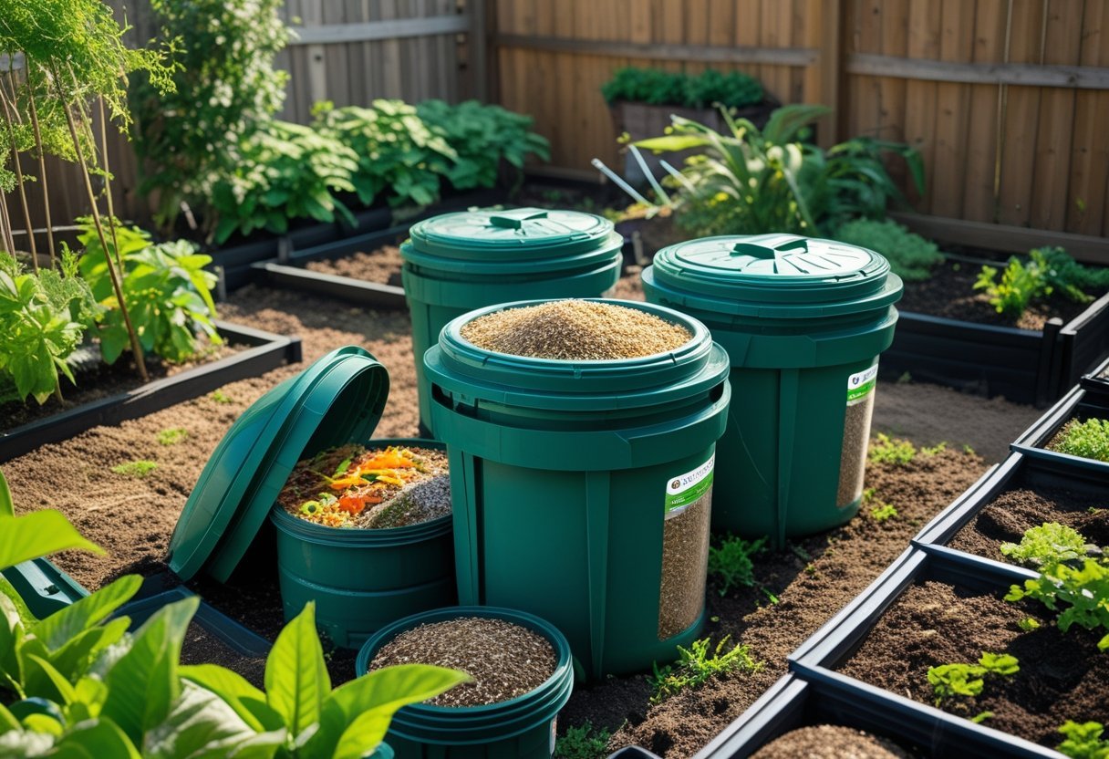 An outdoor organic composting area with bokashi composting buckets, organic waste inside, green plants, and garden tools nearby.