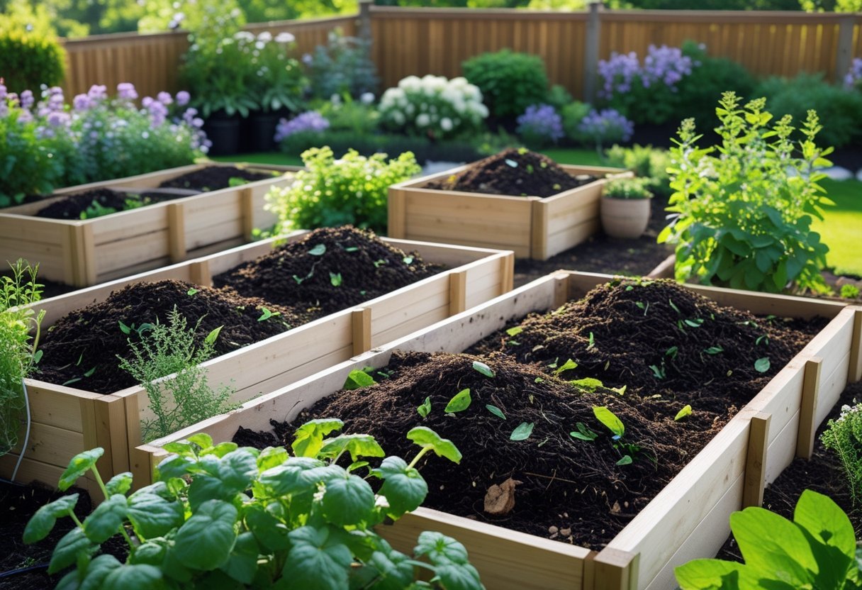 Raised wooden beds filled with organic compost surrounded by green plants in a garden.