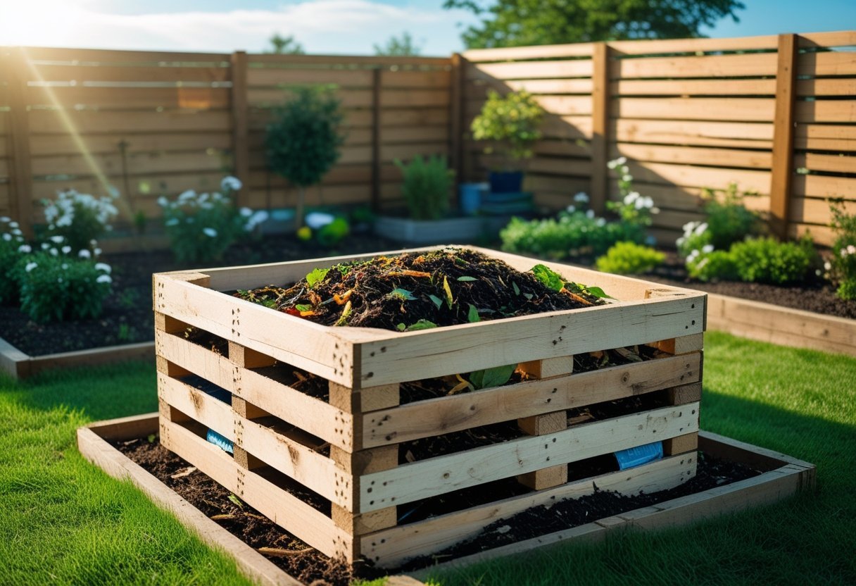 An outdoor composting area with a wooden pallet compost bin filled with organic waste, surrounded by green grass and plants.