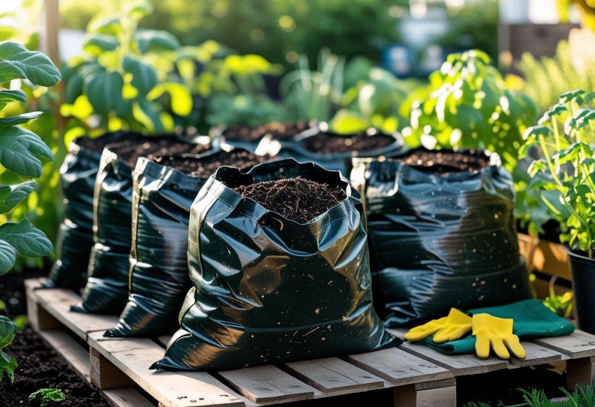 Outdoor composting area with grow bags filled with organic compost surrounded by garden plants and tools.