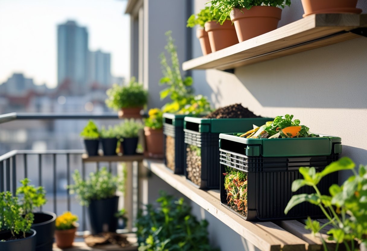 A small balcony with several compact compost bins, potted plants, and kitchen scraps, set against a cityscape background.