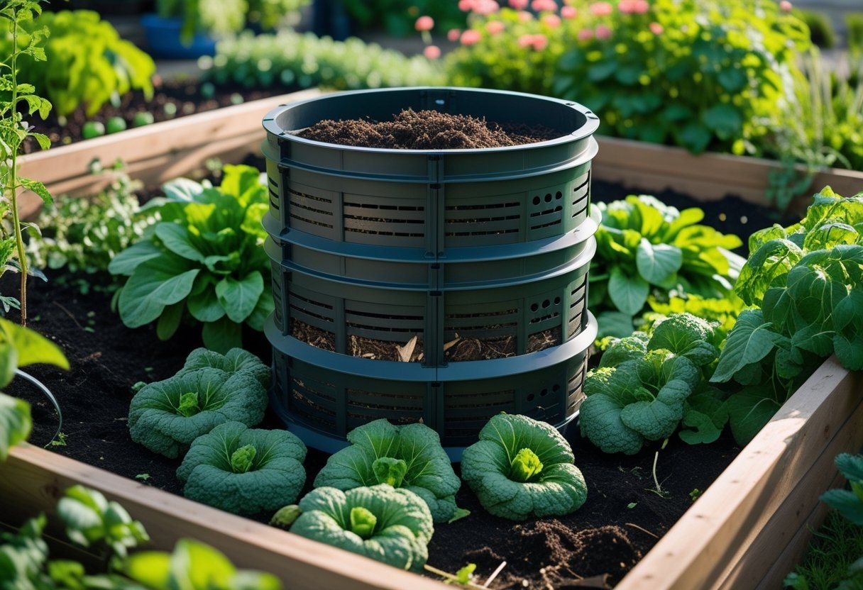A composting tower in a garden bed surrounded by green plants and soil, showing an organic composting area.