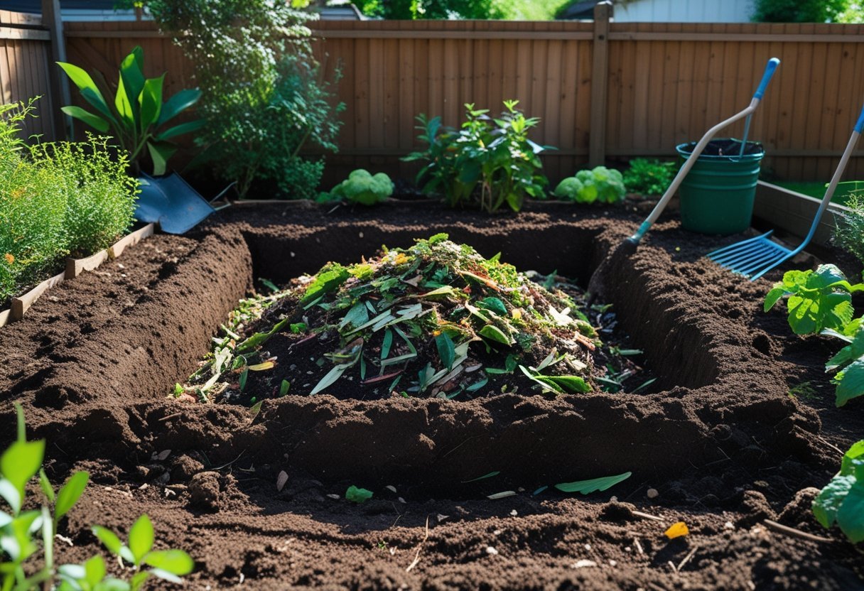 An in-ground composting pit filled with organic waste in a garden surrounded by plants and gardening tools.