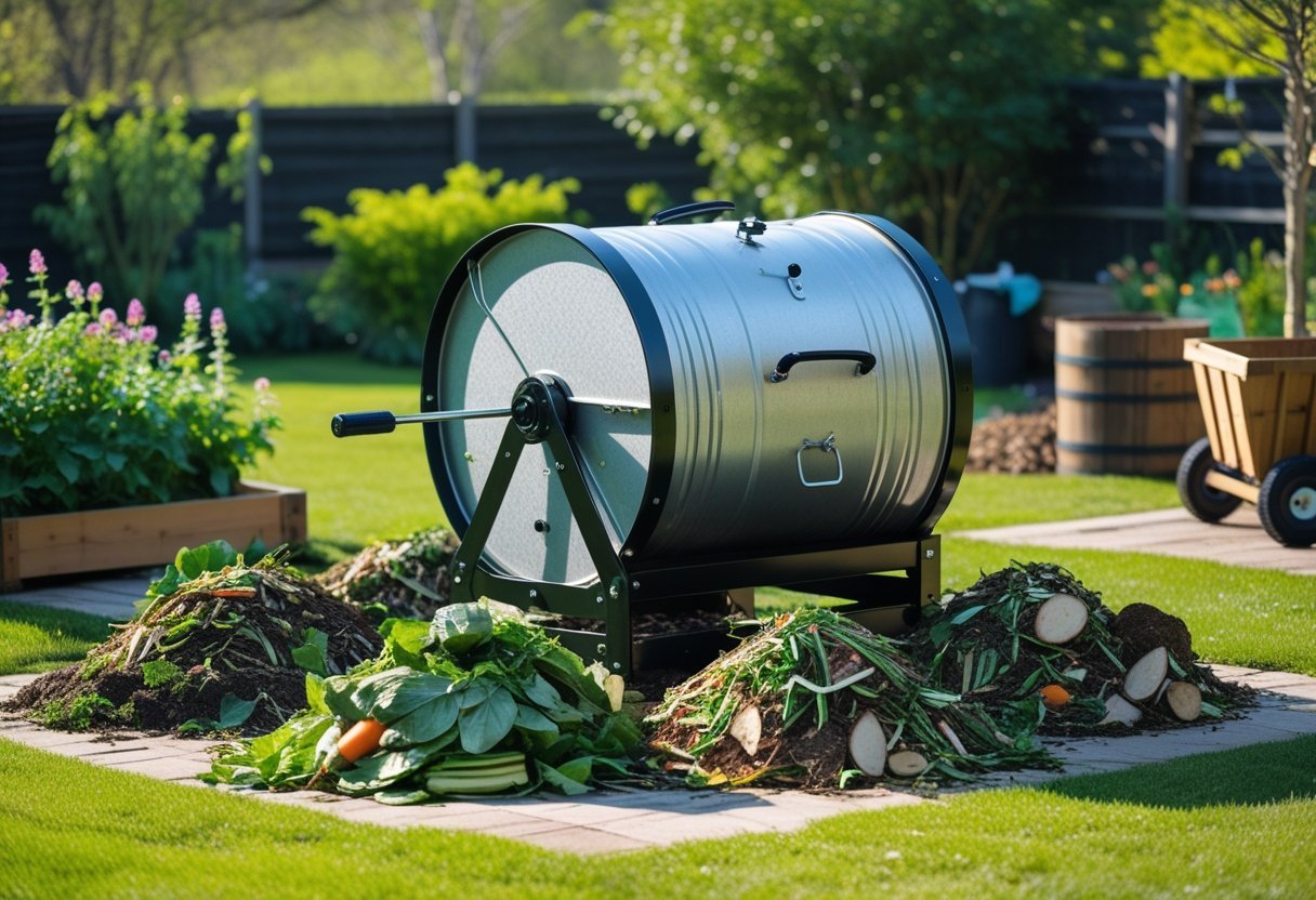 Outdoor garden area with a large rotating drum composter surrounded by organic waste and greenery.