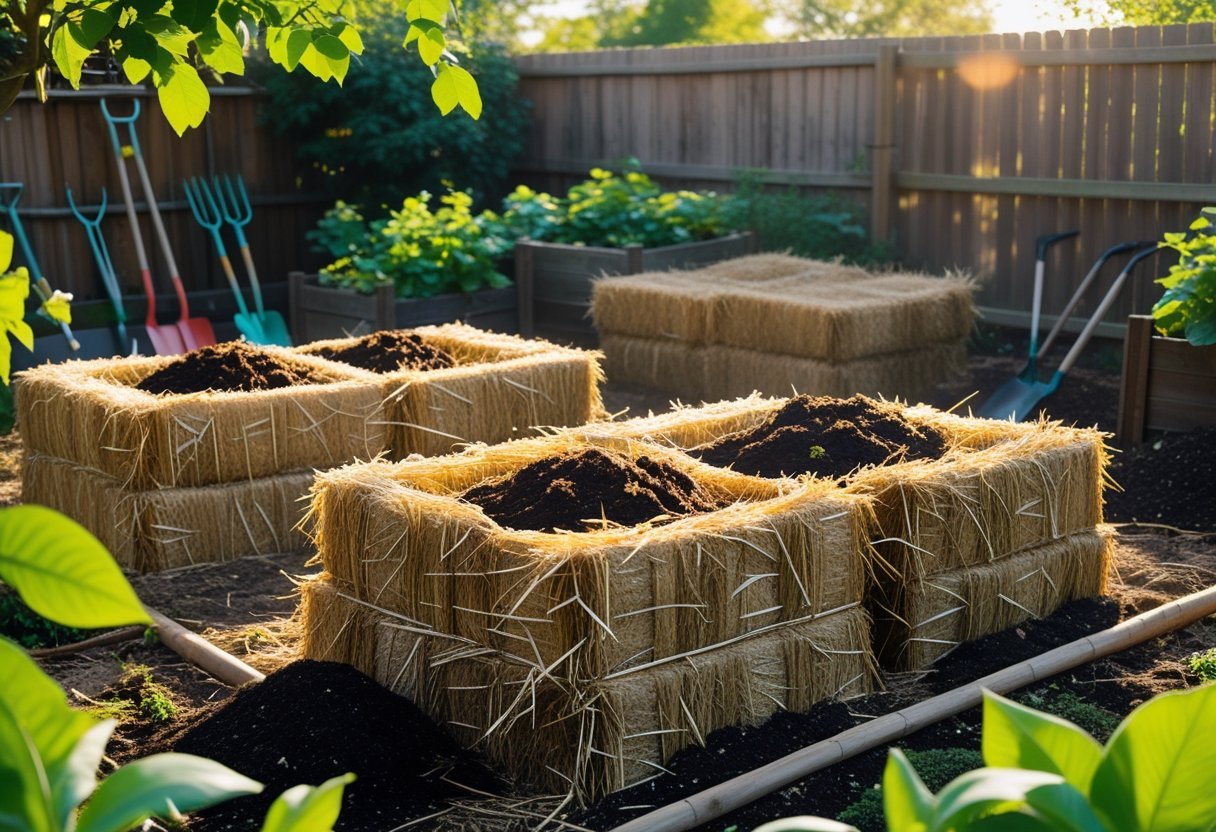 A garden composting area with straw bales arranged as compost bins, surrounded by plants and gardening tools.