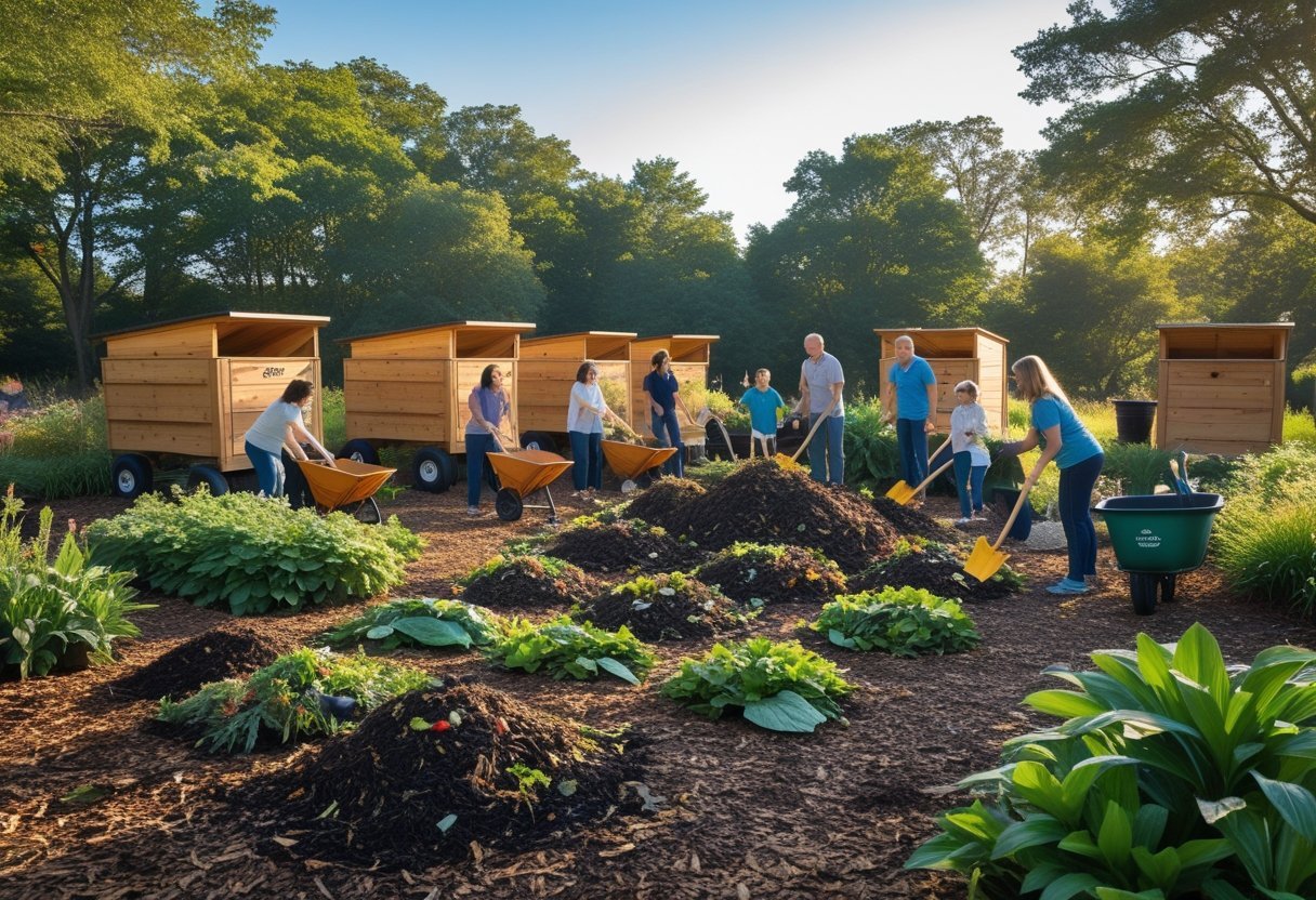 Community composting site with wooden compost bins, people adding organic waste, and surrounding greenery under a clear sky.