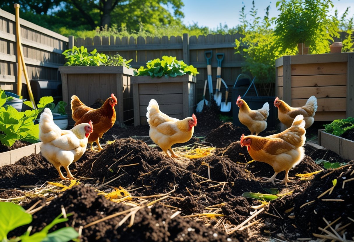 Chickens pecking around compost piles in a sunny backyard garden with wooden compost bins and green plants.