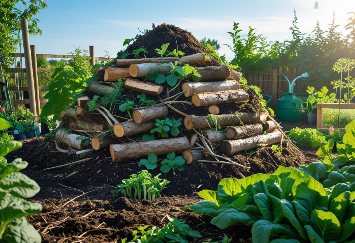 A hugelkultur composting mound made of logs, branches, leaves, and soil in a green organic garden with plants and vegetables around it under a clear sky.