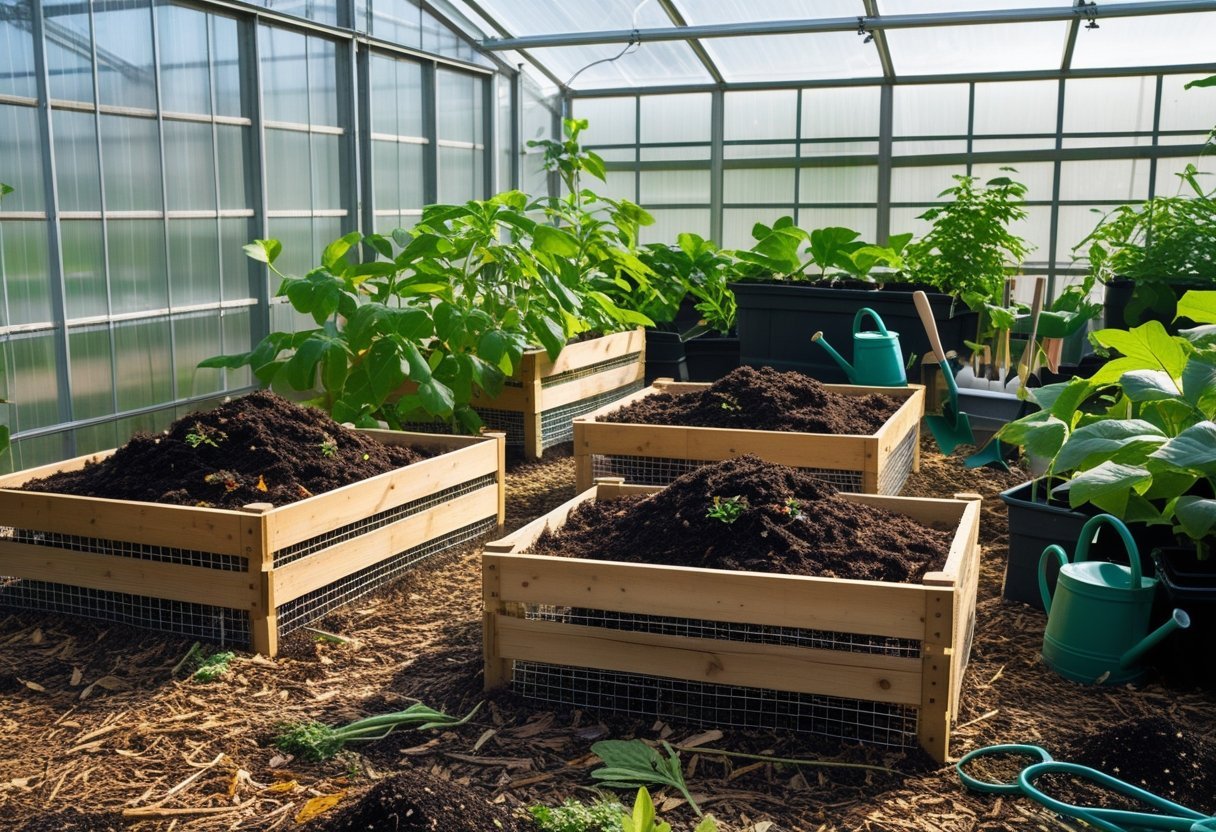 A greenhouse composting area with wooden compost bins, green plants, gardening tools, and sunlight filtering through glass panels.