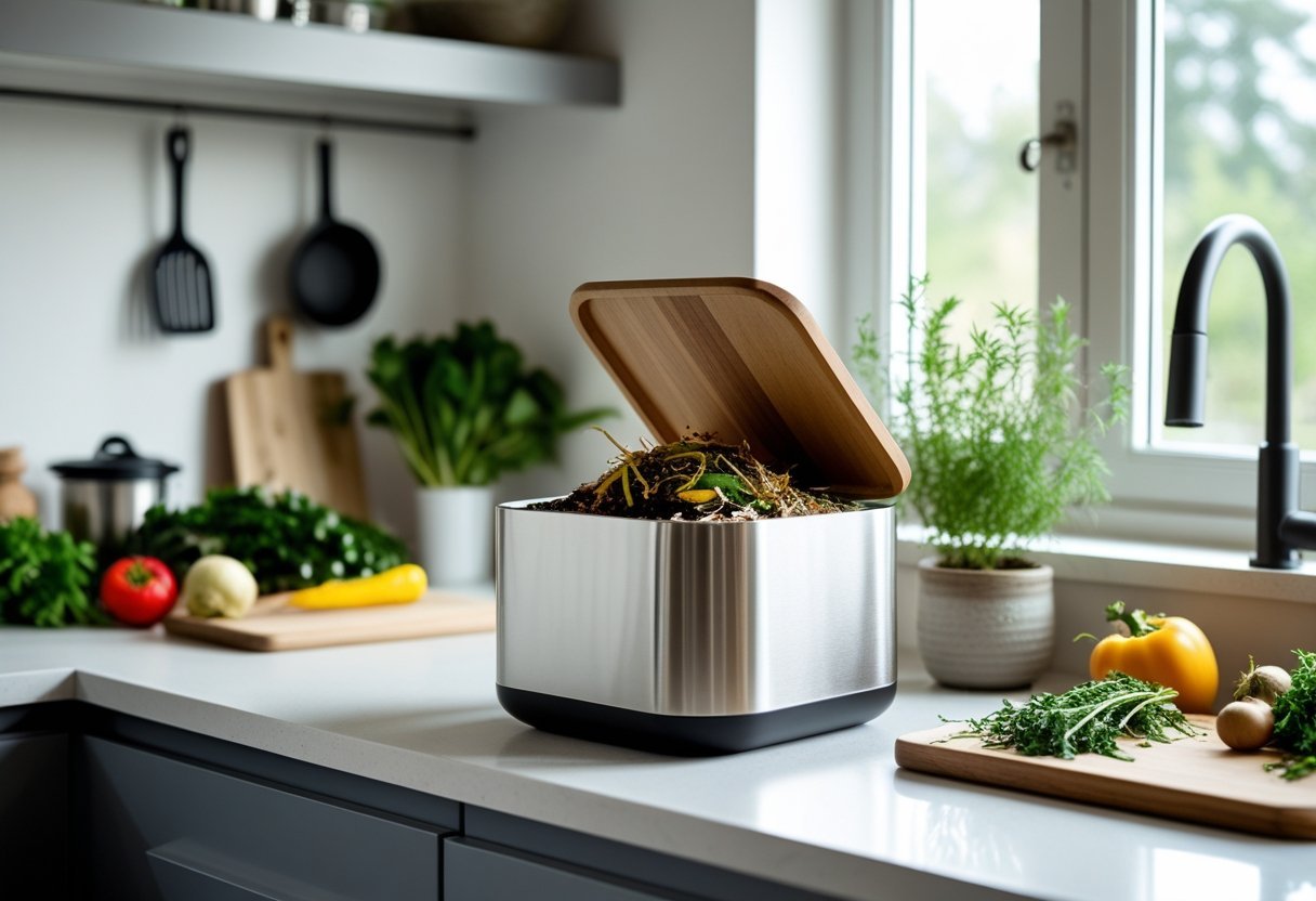 A kitchen countertop with a compact indoor compost bin containing vegetable scraps, surrounded by fresh produce and a small potted plant.