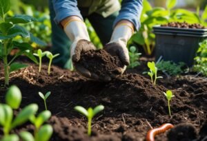 Hands spreading compost on garden soil with green plants and seedlings growing nearby.