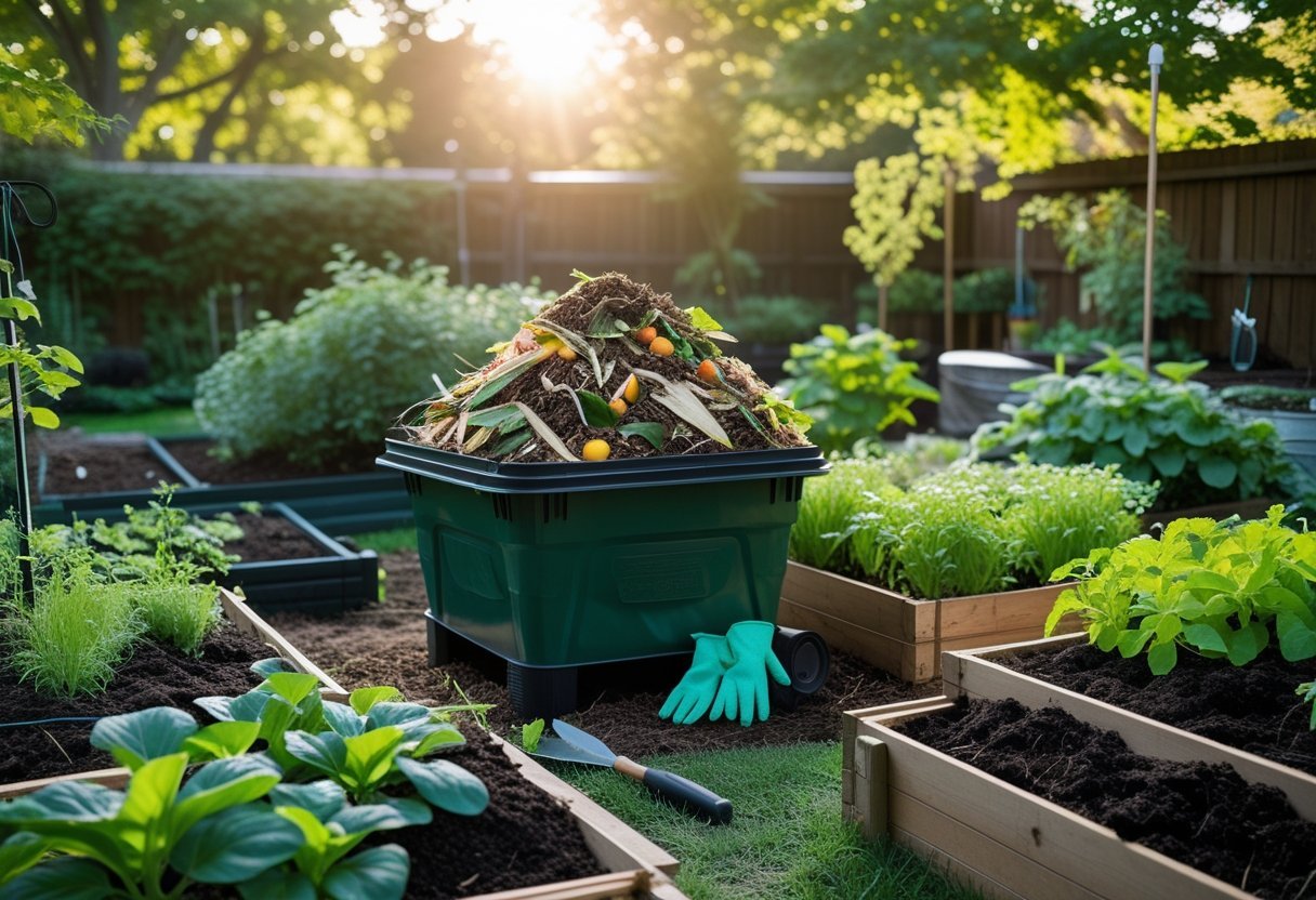 A backyard garden with a compost bin filled with organic waste and healthy plants growing in rich soil nearby.