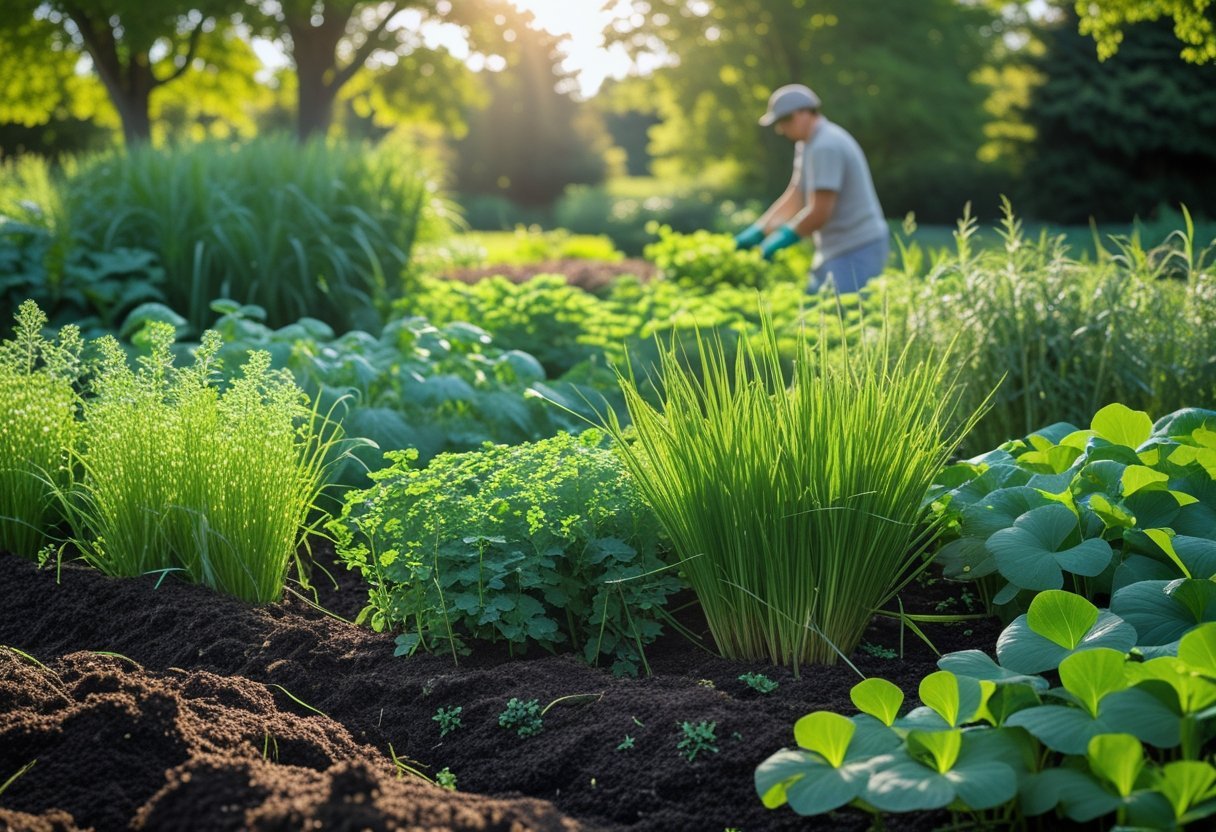 A garden with dense green cover crops growing in dark soil, with a person tending the plants in the background.