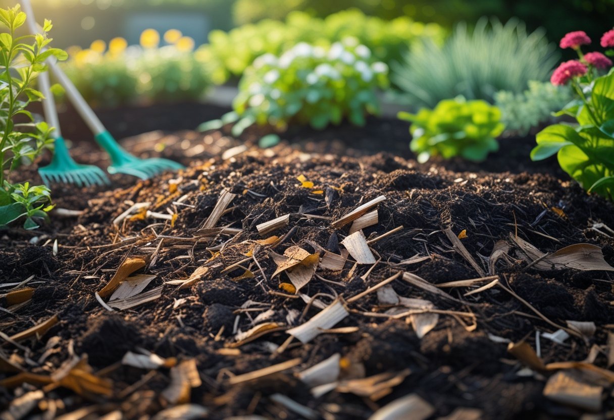 A garden bed covered with natural mulch surrounded by green plants and gardening tools nearby.