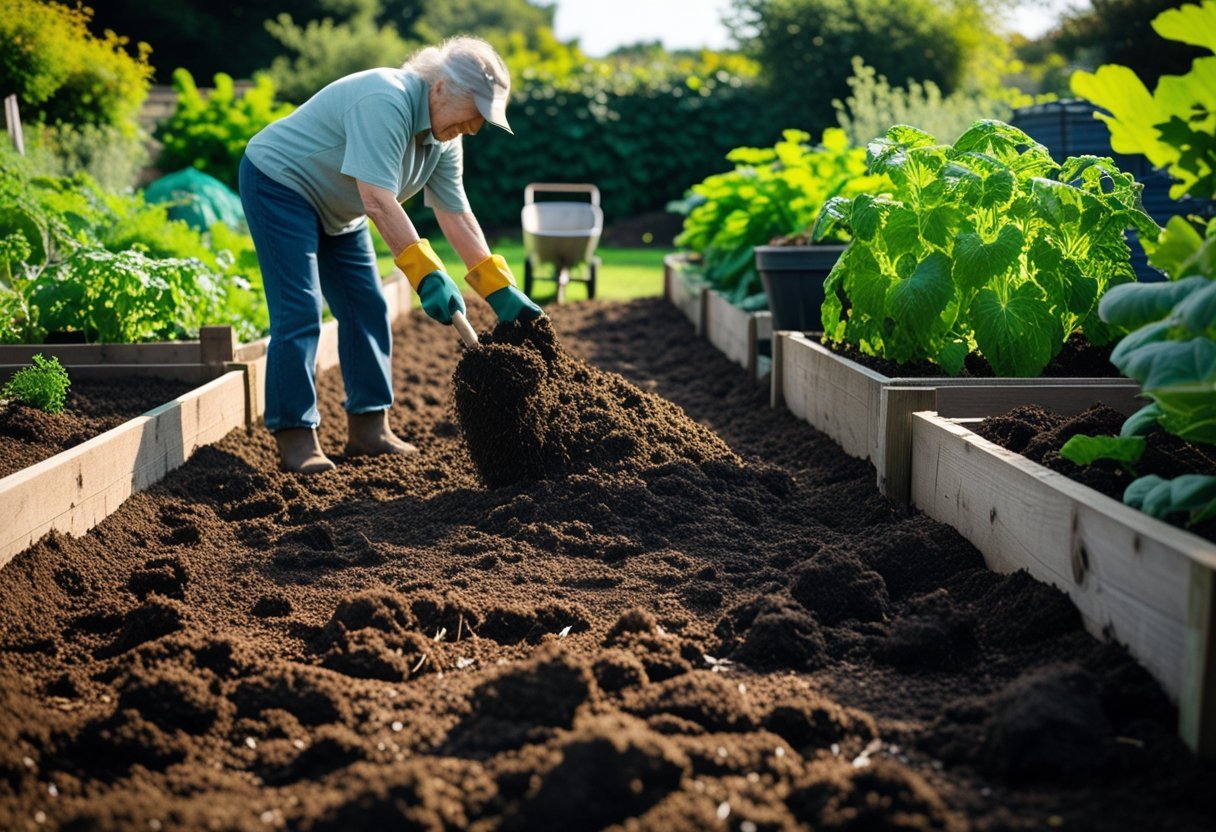 An elderly person spreading aged manure in a vegetable garden surrounded by healthy plants and gardening tools.