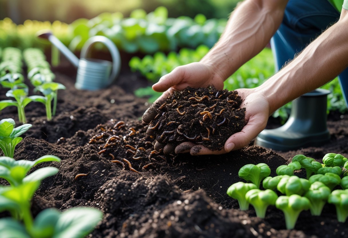Hands spreading worm castings on soil in a vegetable garden with green plants and gardening tools nearby.