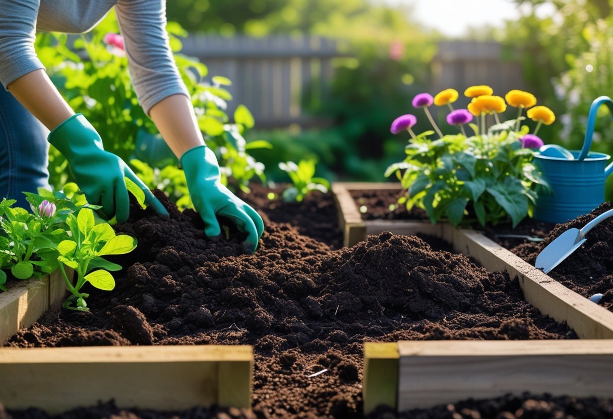 A gardener mixing biochar into soil around healthy plants in a garden with gardening tools nearby.