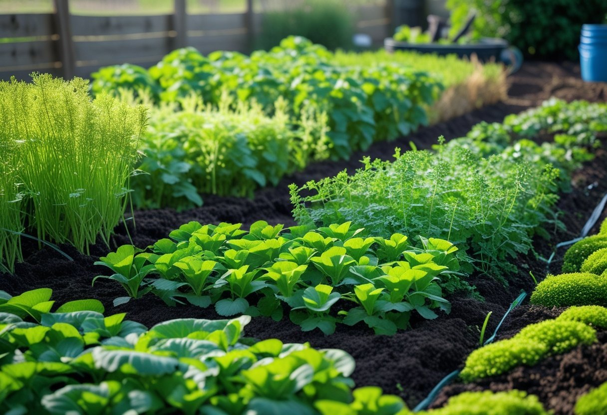 A garden with rows of green manure crops like clover and mustard growing in rich soil under sunlight.