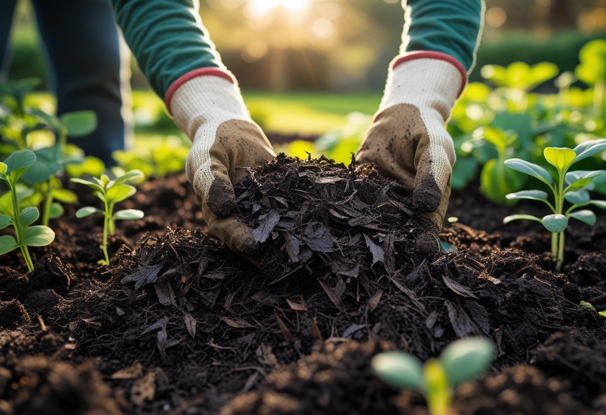 Close-up of hands applying leaf mold to soil in a garden bed with green plants and seedlings nearby.
