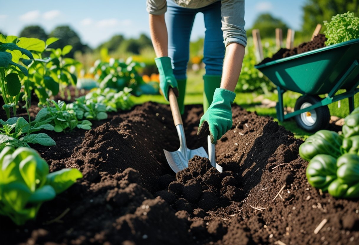 A person digging deep soil in a garden bed surrounded by green plants and gardening tools.