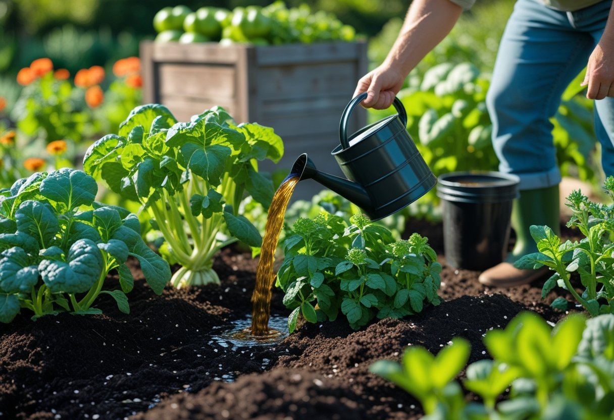 A gardener pouring compost tea onto plants in a healthy garden with rich soil and a compost bin in the background.
