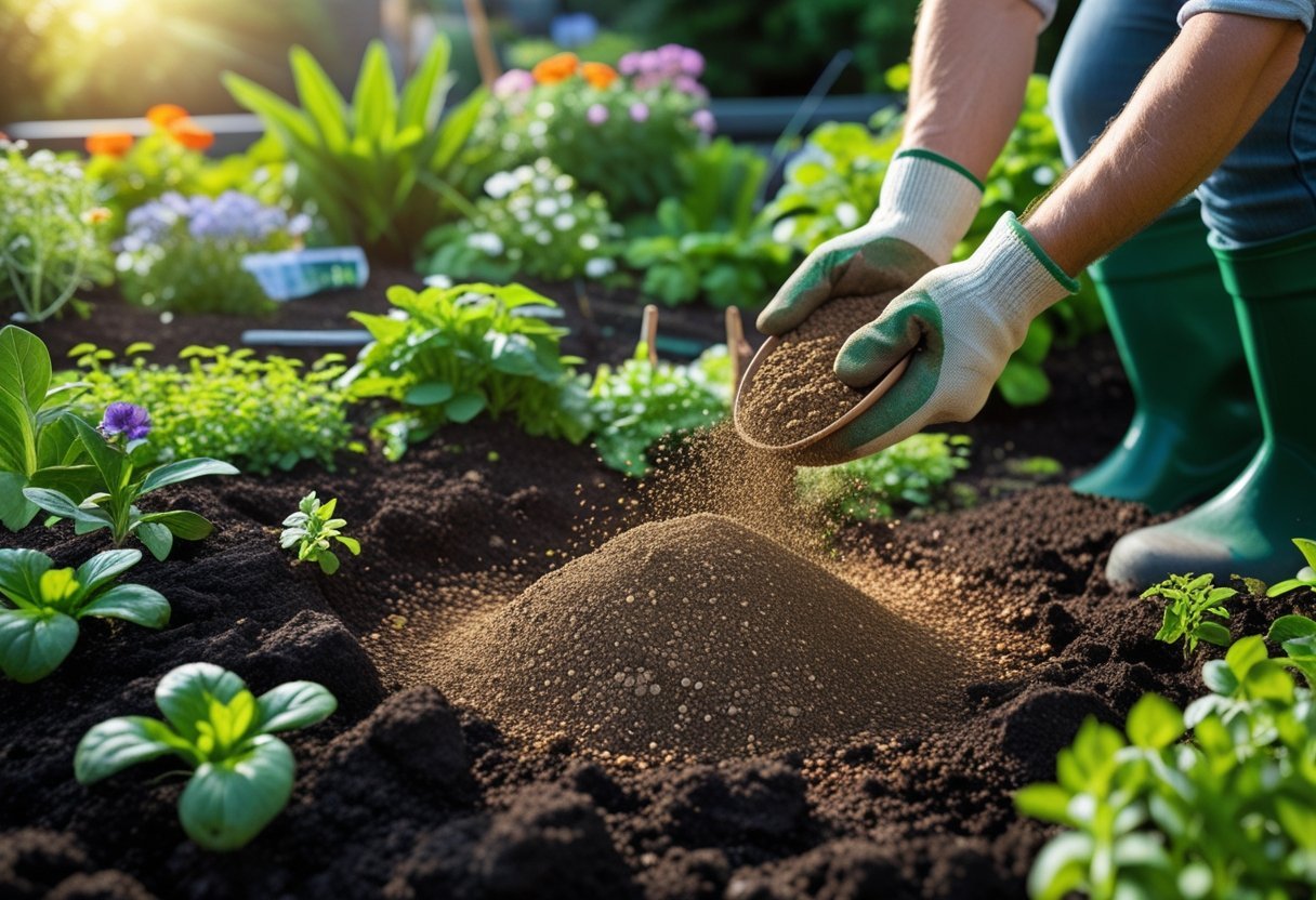 Hands spreading rock dust minerals over soil in a garden bed with green plants and gardening tools nearby.